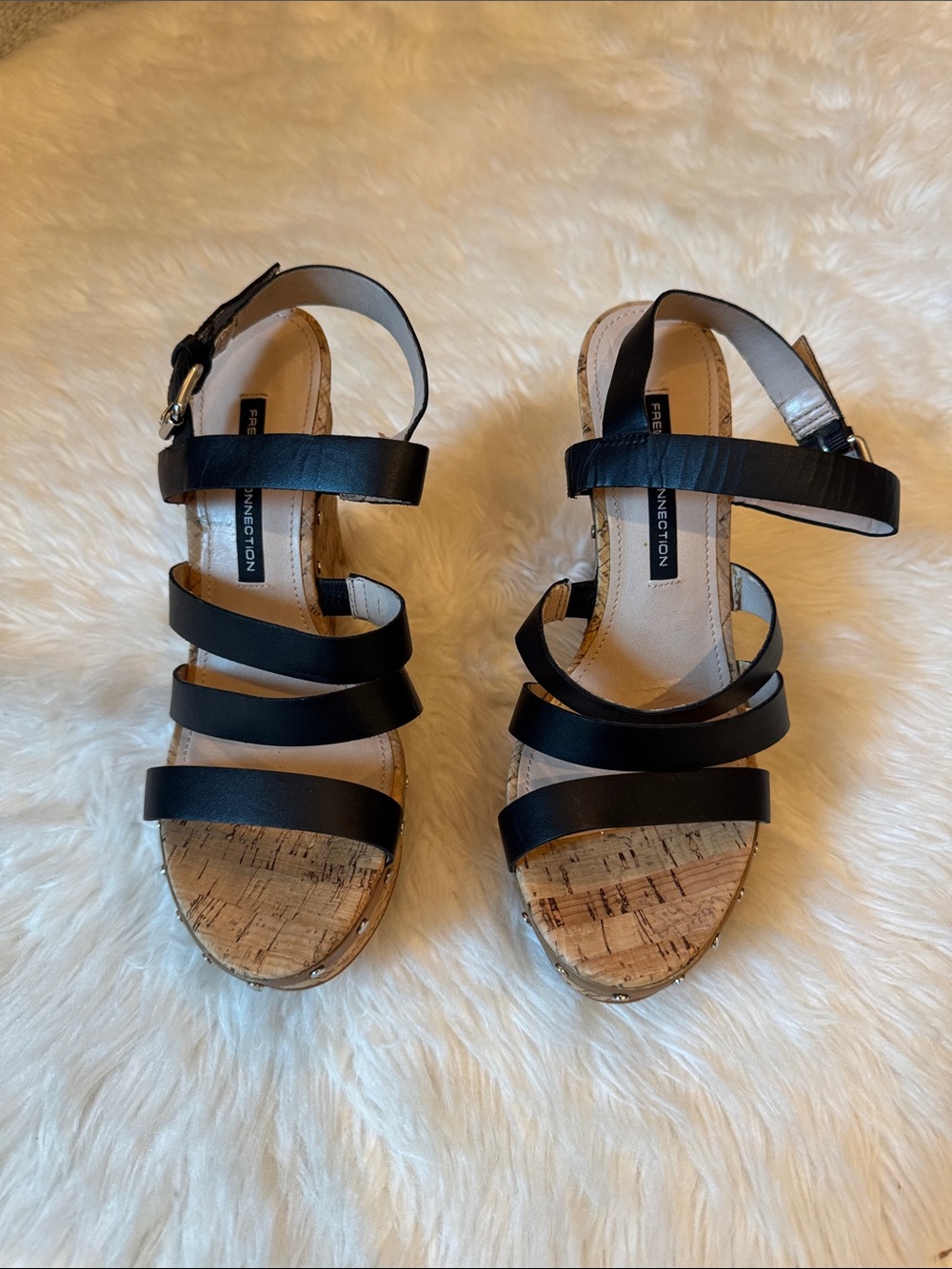 VGUC Size 8.5 French Connection Black Multi-Strap Dion Cork Wedge Sandals!